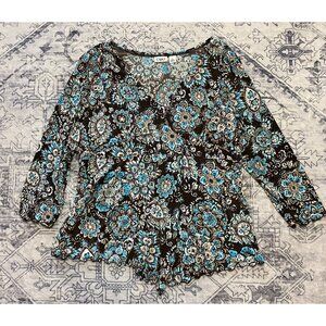 Cato X-Large Brown & Blue Floral Print V-Neck Blouse Faux Wrap Ruffled Hem
